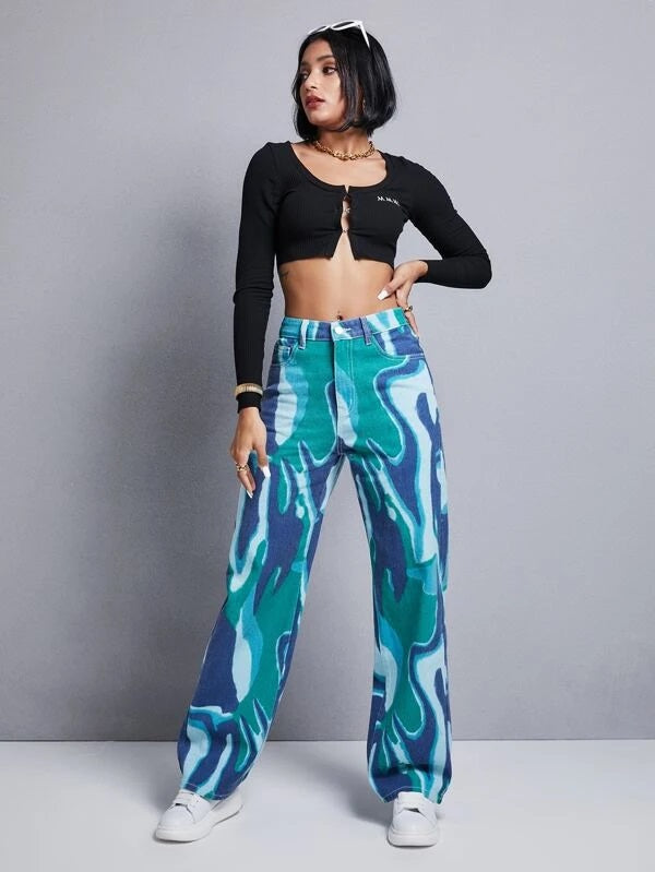 CM-BS452811 Women Casual Seoul Style Graphic Pattern Wide Leg Loose Jeans