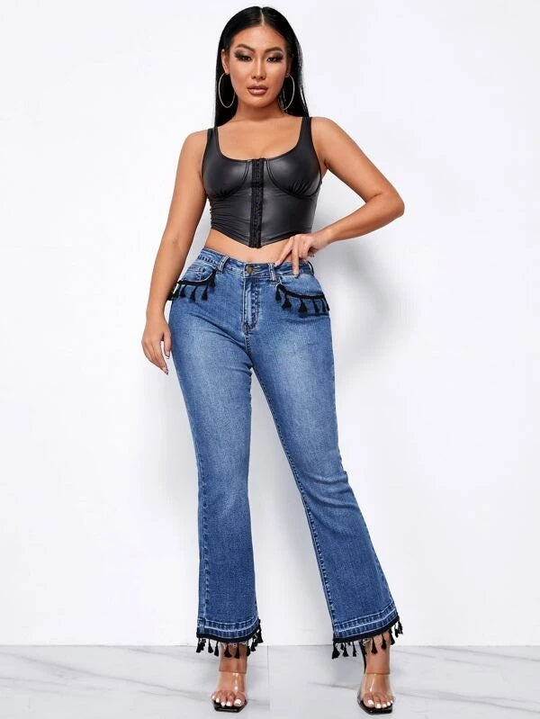 CM-BS659689 Women Casual Seoul Style High Waist Flare Leg Fringe Hem Jeans