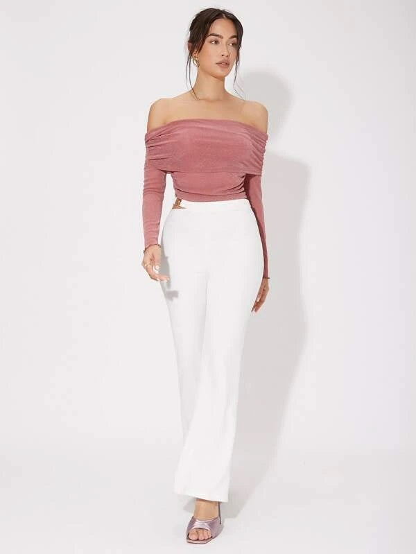 CM-TS564189 Women Elegant Seoul Style Off Shoulder Ruched Top - Dusty Pink