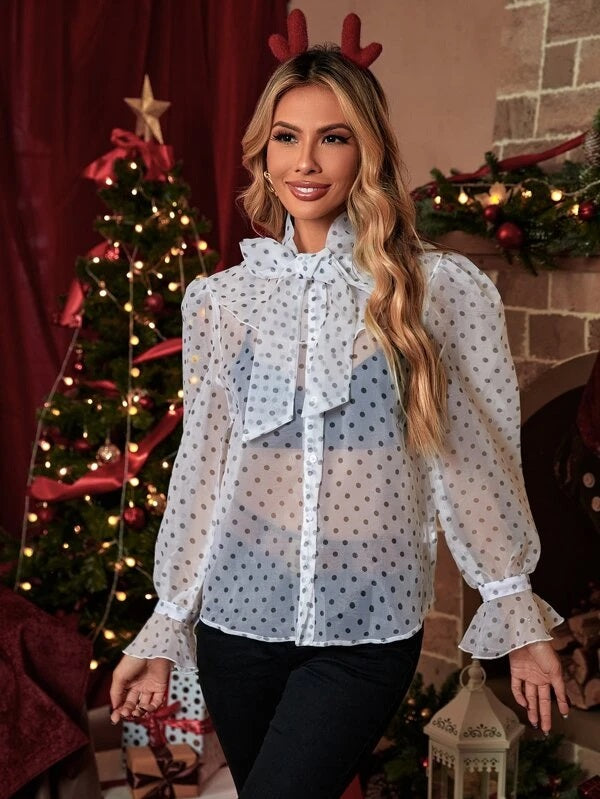 CM-TS167035 Women Elegant Seoul Style Polka Dot Flounce Sleeve Tie Neck Mesh Blouse