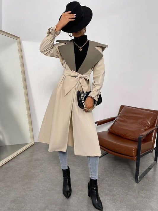 CM-CS556756 Women Casual Seoul Style Contrast Collar Knot Cuff Belted Trench Coat