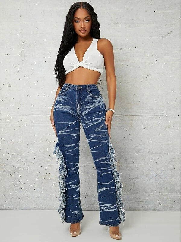 CM-BS091819 Women Casual Seoul Style High Waist Fringe Detail Flare Jeans