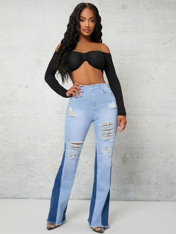 CM-BS146350 Women Casual Seoul Style Ripped Raw Hem Flare Leg Colorblock Jeans