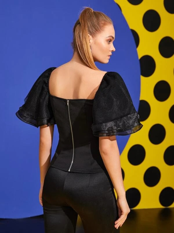 CM-TS630123 Women Elegant Seoul Style Square Neck Zip Back Layered Sleeve Top