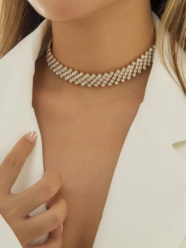 CM-AXS802272 Women Trendy Seoul Style Rhinestone Decor Necklace - Gold