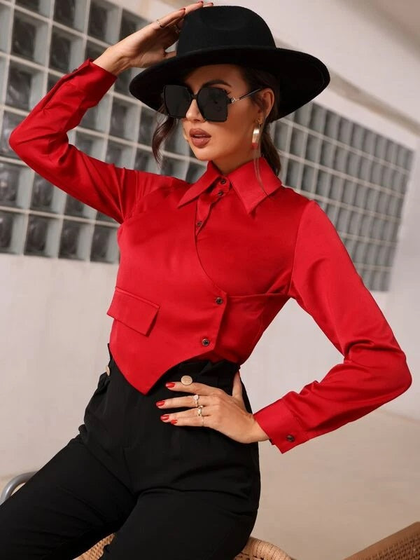 CM-TS317171 Women Casual Seoul Style Flap Detail 2 In 1 Satin Blouse - Red