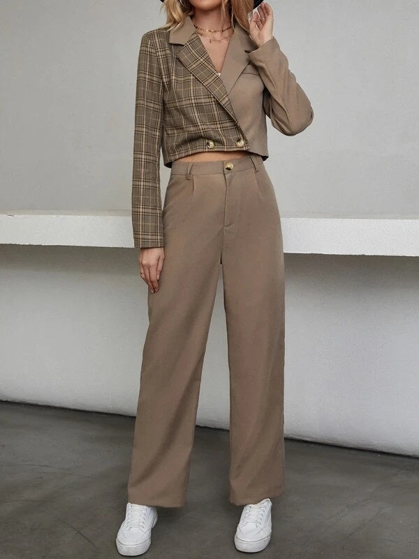 CM-SS864406 Women Elegant Seoul Style Contrast Plaid Lapel Neck Blazer With Pants - Set