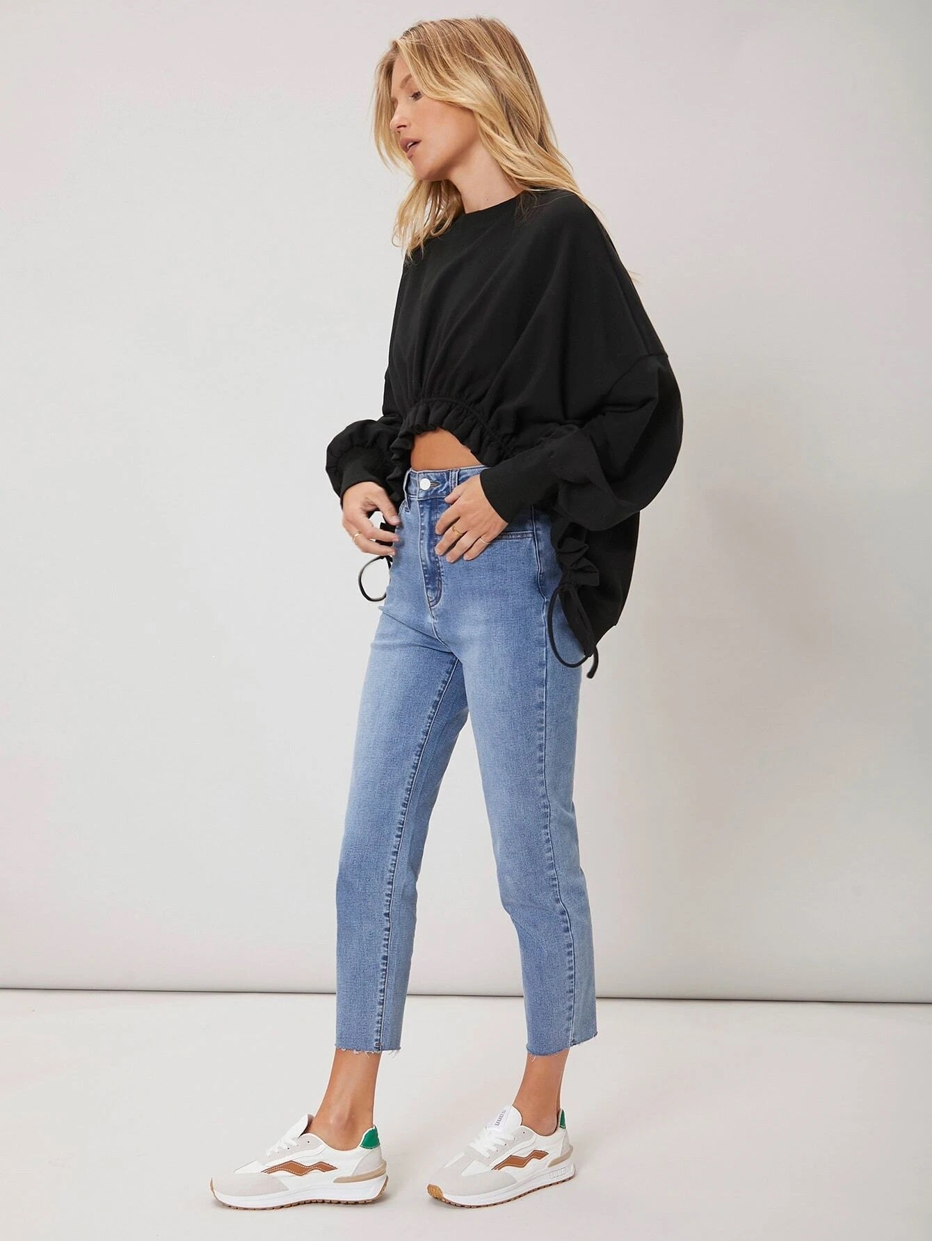 CM-TS190306 Women Casual Seoul Style Bishop Sleeve Gathered Pullover - Black