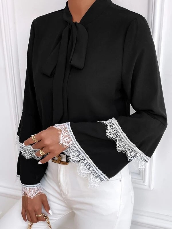 CM-TS601031 Women Casual Seoul Style Contrast Eyelash Lace Layer Sleeve Tie Neck Blouse