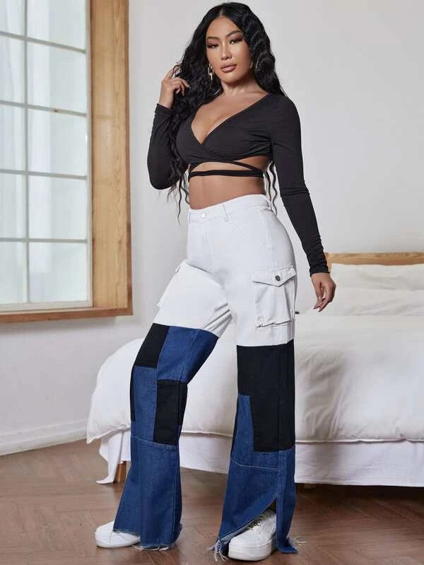 CM-BS676336 Women Casual Seoul Style Flap Pocket Colorblock Jeans