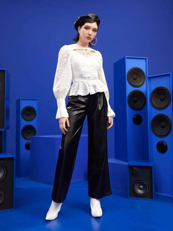 CM-TS412394 Women Elegant Seoul Style Ruffle Hem Cutout Eyelet Embroidered Top