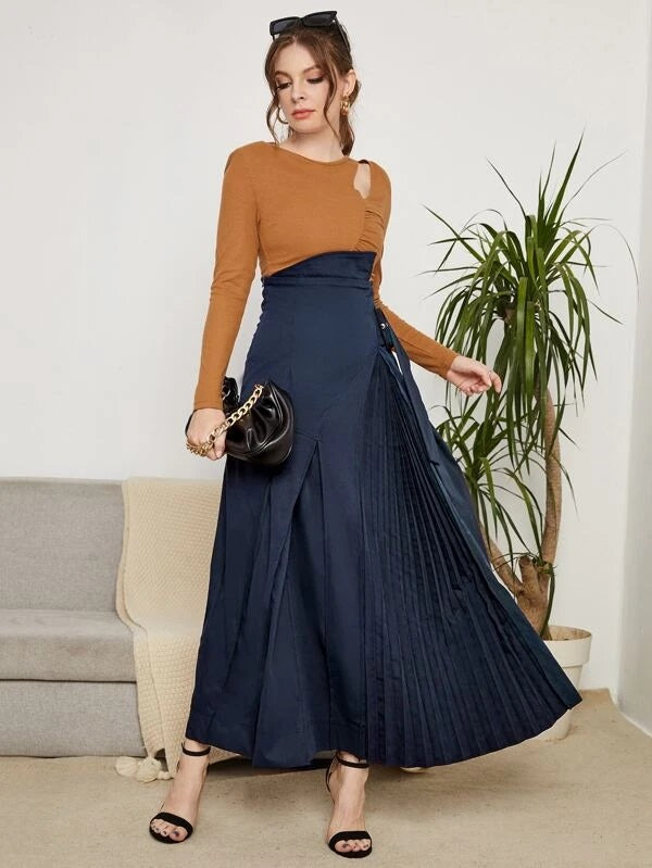 CM-BS222335 Women Elegant Seoul Style Buckle Strap High Waist Pleated Skirt - Navy Blue