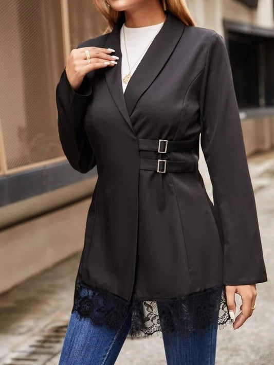 CM-CS637552 Women Casual Seoul Style Shawl Collar Buckle Waist Blazer - Black