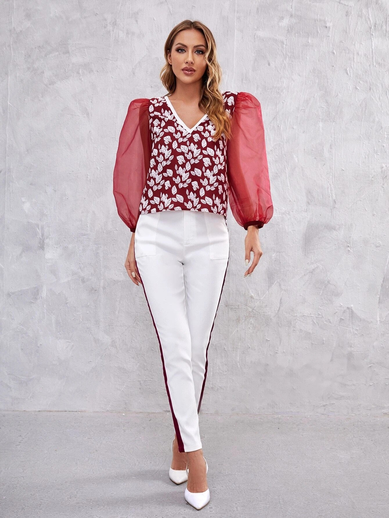 CM-TS188050 Women Elegant Seoul Style Floral Leaves Print Lantern Sleeve Blouse