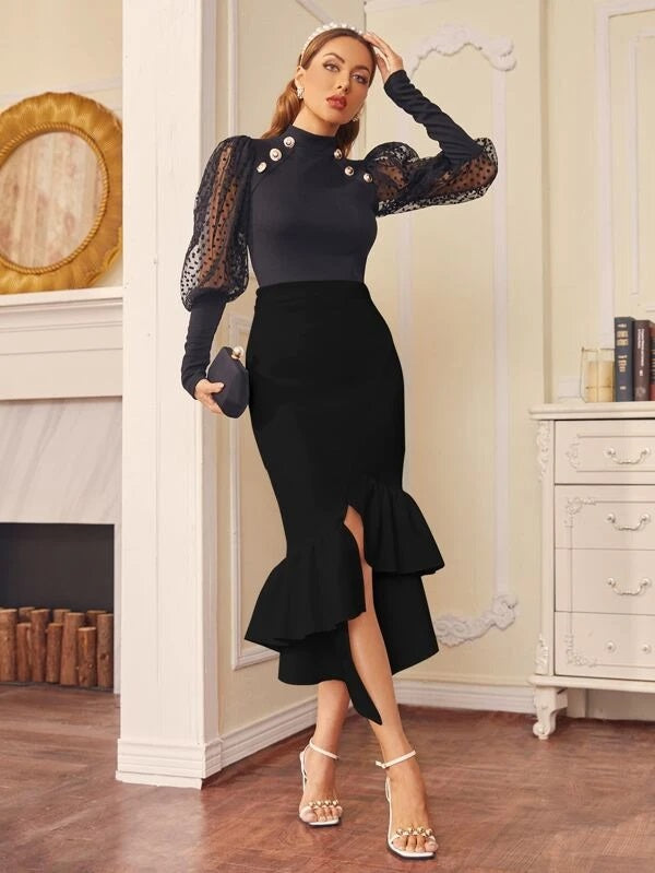 CM-BS788366 Women Casual Seoul Style Ruffle Asymmetrical Hem Skirt - Black