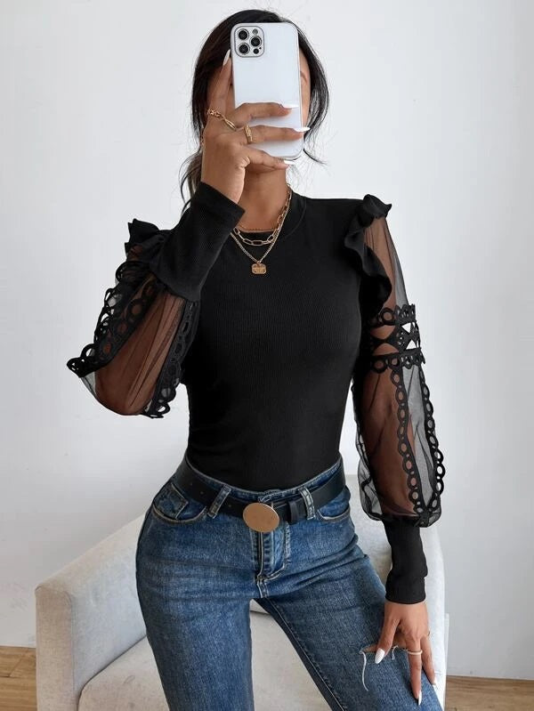 CM-TS411112 Women Elegant Seoul Style Contrast Mesh Bishop Sleeve Top - Black