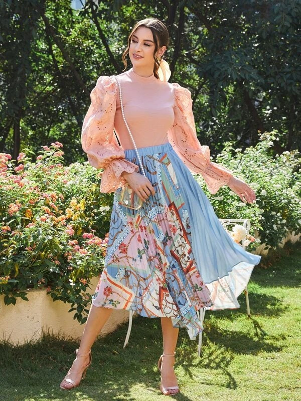 CM-TS702242 Women Trendy Bohemian Style Mock Neck Eyelet Embroidery Flounce Sleeve Top