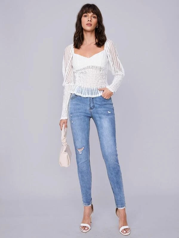 CM-TS999541 Women Trendy Bohemian Style Gigot Sleeve Shirred Mesh Peplum Top