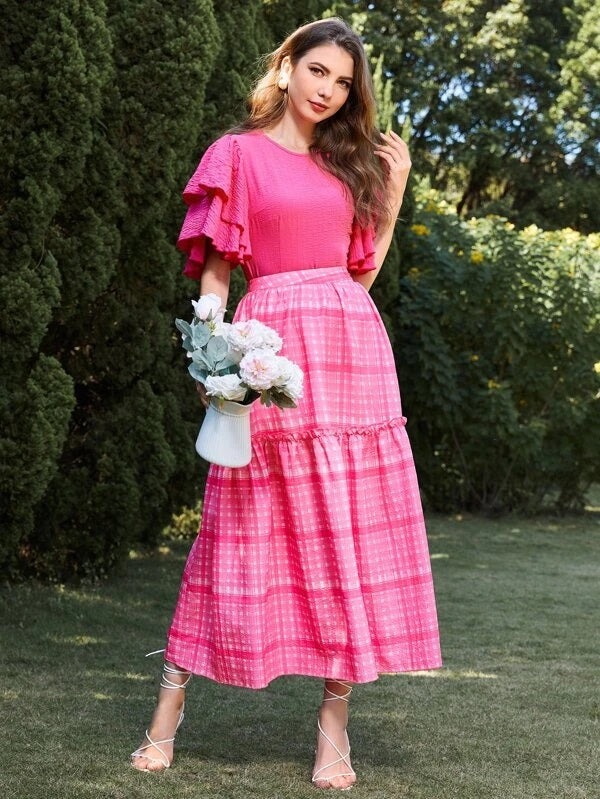 CM-TS909175 Women Trendy Bohemian Style Textured Butterfly Sleeve Blouse - Hot Pink