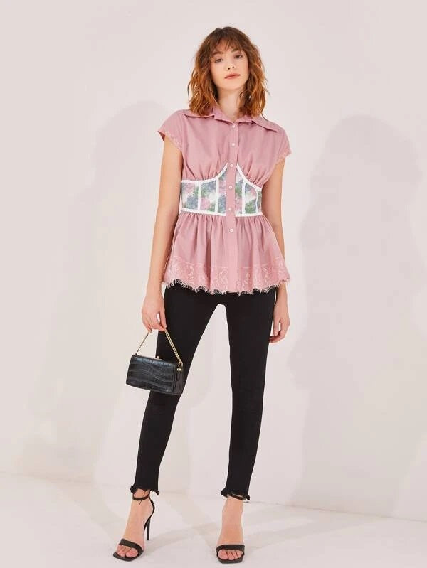 CM-TS659767 Women Elegant Seoul Style Lace Trim Floral Print Waist Blouse - Dusty Pink