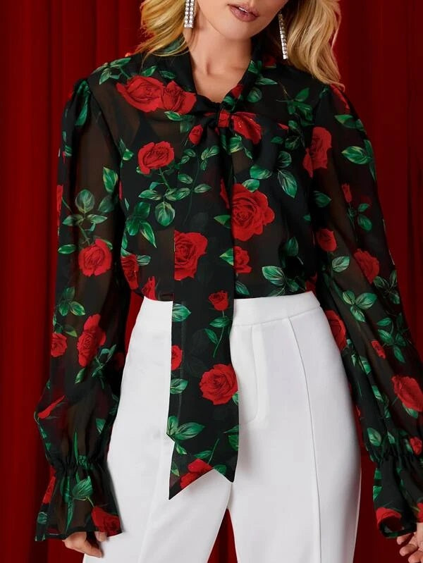 CM-TS644631 Women Elegant Seoul Style Floral Print Tie Neck Flounce Sleeve Chiffon Top