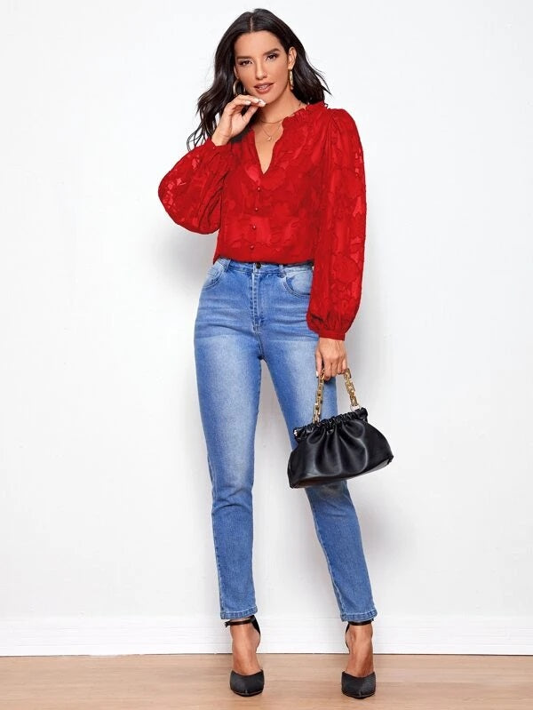 CM-TS877887 Women Casual Seoul Style Ruffle Trim Buttoned Front Appliques Mesh Top - Red