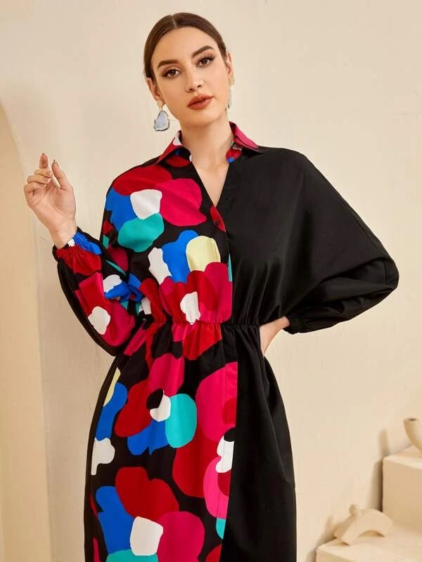 CM-TS126411 Women Casual Seoul Style Collar Neckline Graphic Print Longline Blouse