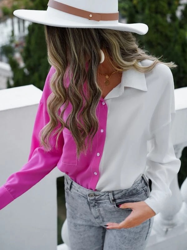 CM-TS366356 Women Casual Seoul Style Collar Neckline Two Tone Drop Shoulder Blouse