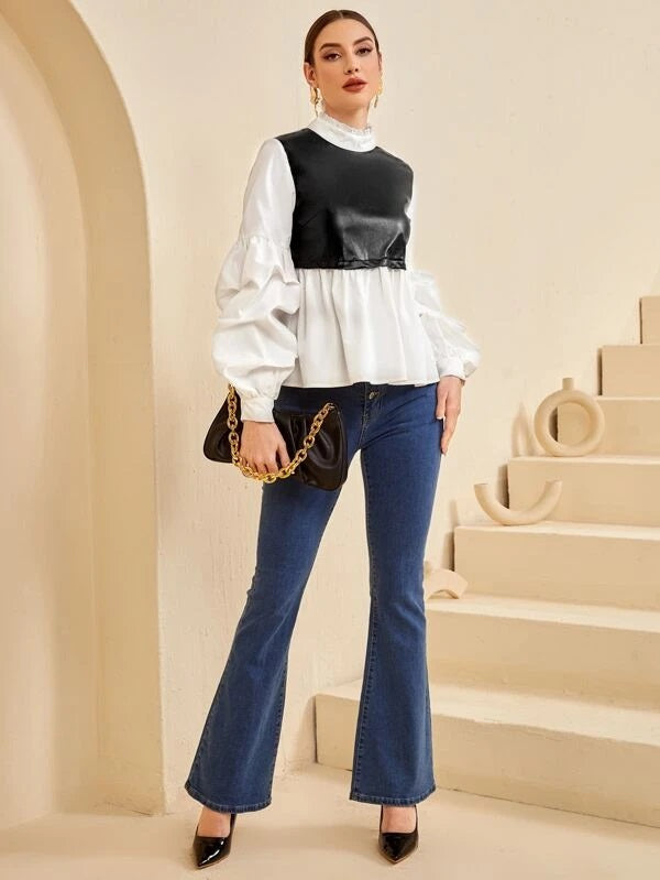 CM-TS234193 Women Elegant Seoul Style Bishop Sleeve Ruffle Hem Spliced Blouse