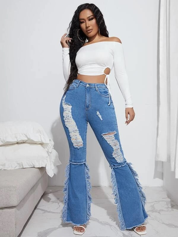 CM-BS404282 Women Casual Seoul Style Ripped Fringe Detail Raw Hem Flare Leg Jeans
