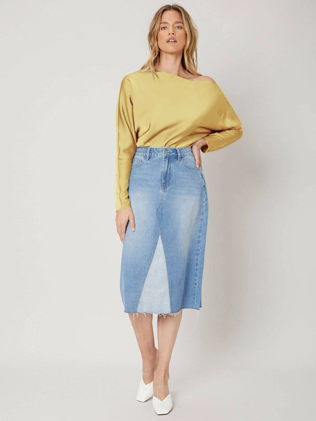 CM-TS299945 Women Elegant Seoul Style Asymmetrical Neck Regular Fit Top - Yellow