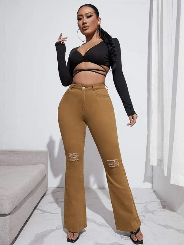 CM-BS443656 Women Casual Seoul Style High Waist Ripped Flare Leg Jeans - Brown