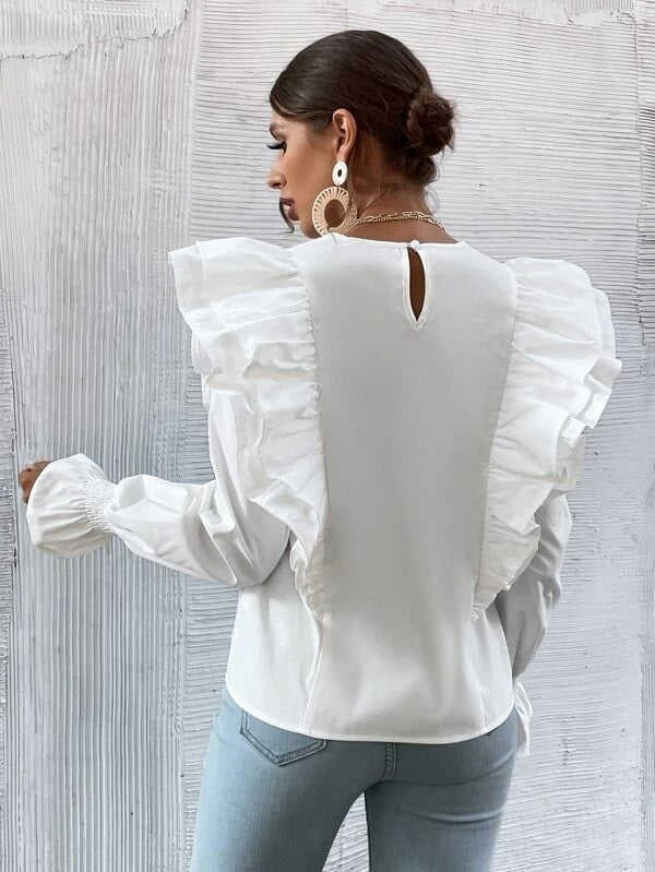 CM-TS248484 Women Casual Seoul Style Exaggerated Ruffle Trim Flounce Sleeve Blouse