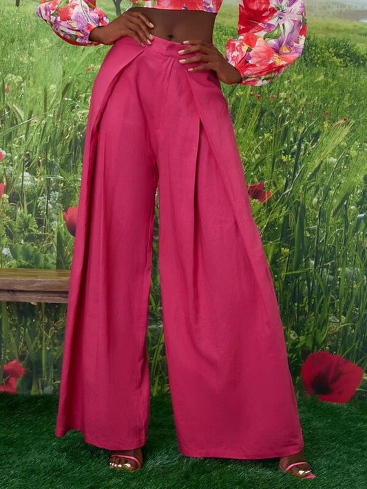 CM-BS159561 Women Casual Seoul Style Fold Pleated Solid Wide Leg Pants - Hot Pink