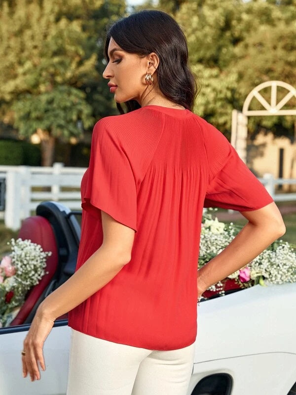 CM-TS949747 Women Casual Seoul Style Raglan Sleeve Tie Neck Blouse - Red