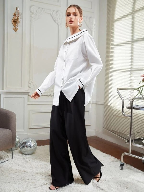 CM-TS142280 Women Casual Seoul Style Fold Collar Striped Print Patched Pocket Split Back Blouse