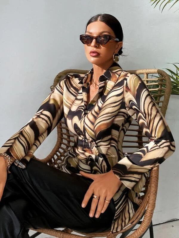 CM-TS542573 Women Elegant Seoul Style Long Sleeve Allover Print Wrap Blouse