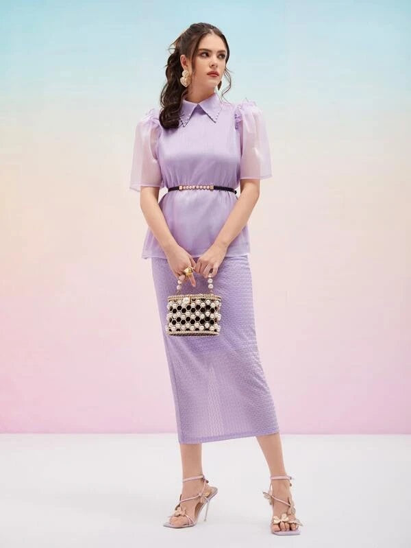 CM-TS994014 Women Elegant Seoul Style Puff Sleeve Pearls Beaded Blouse - Purple