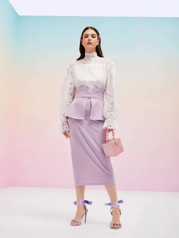 CM-TS842310 Women Elegant Seoul Style Contrast Lace Flounce Sleeve Top - White