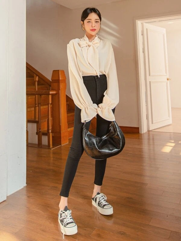 CM-TS292480 Women Casual Seoul Style Tie Neck Flounce Sleeve Blouse - Apricot