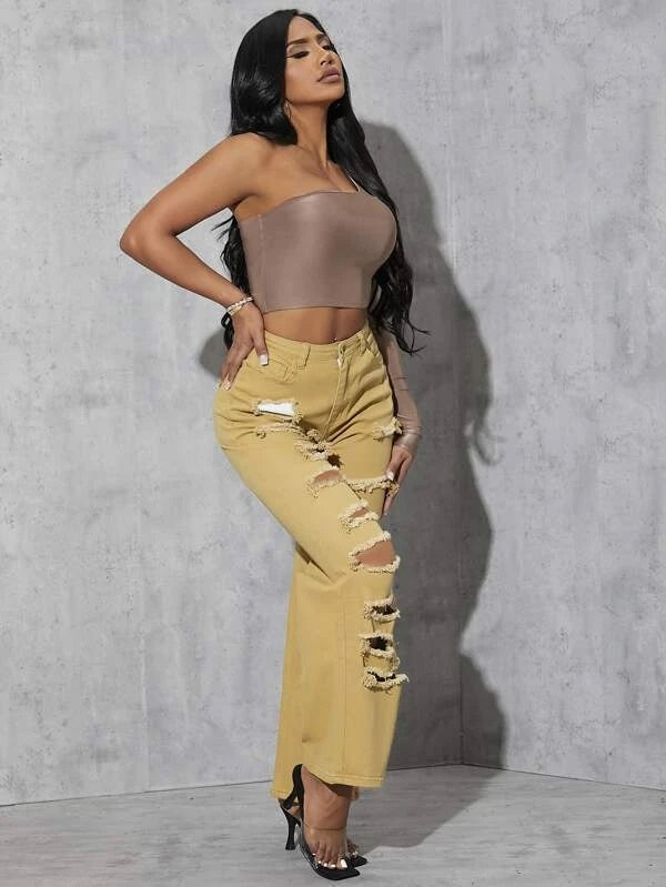 CM-BS529807 Women Casual Seoul Style Zipper Fly Ripped Wide Leg Jeans - Mustard Yellow