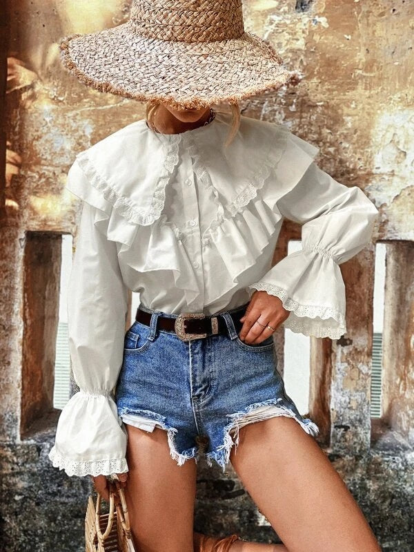 CM-TS374192 Women Trendy Bohemian Style Eyelet Embroidery Ruffle Trim Flounce Sleeve Blouse