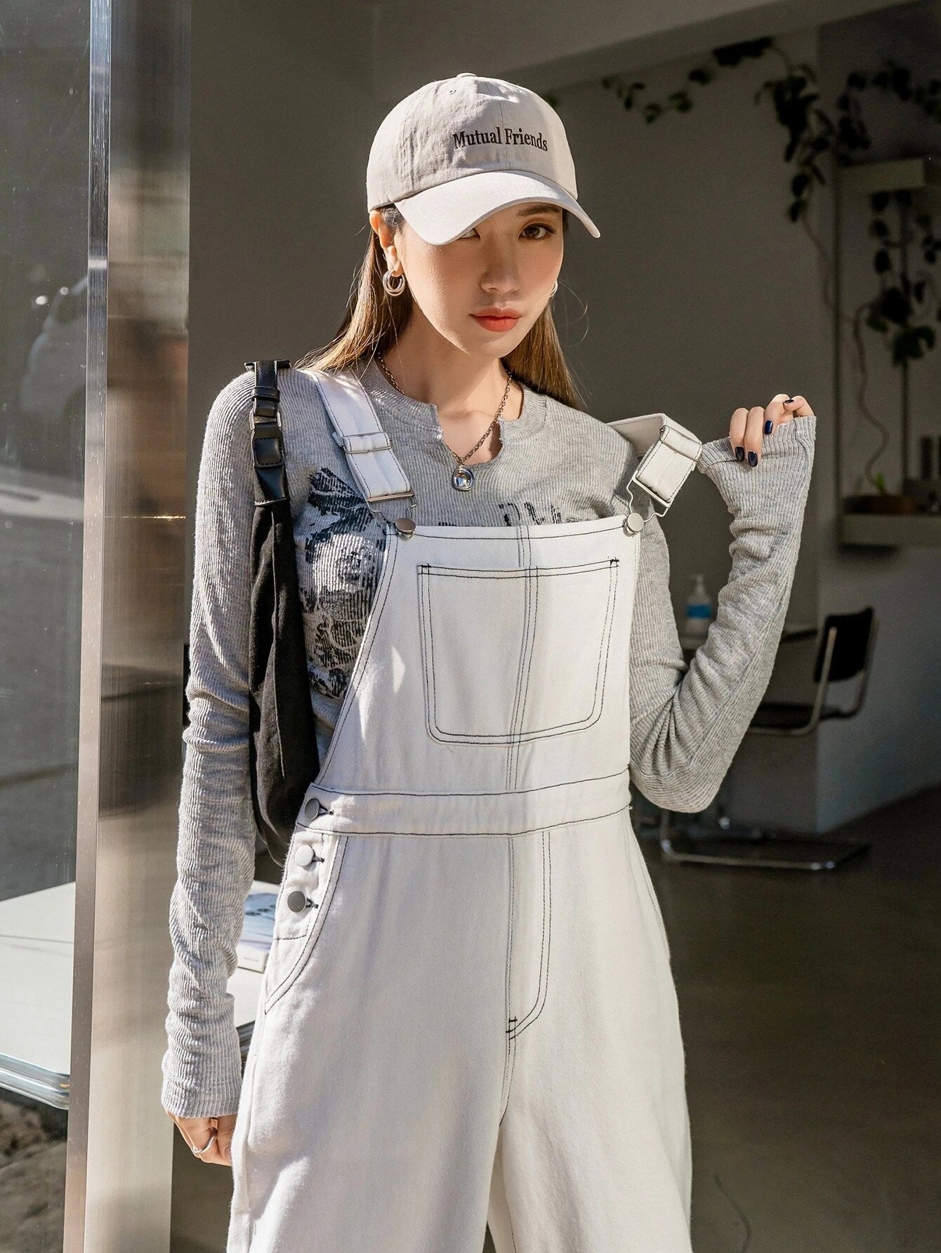 CM-JS522775 Women Preppy Seoul Style Slant Pockets Top-Stitching Denim Overalls - White