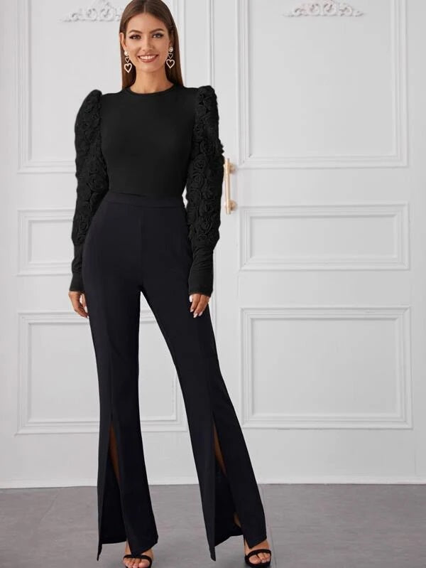 CM-TS424634 Women Elegant Seoul Style 3D Floral Applique Lantern Sleeve Form Fitted Bodysuit