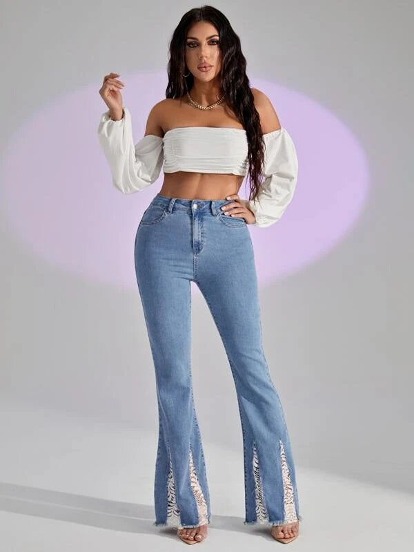 CM-BS206096 Women Casual Seoul Style High Waist Contrast Lace Flare Leg Jeans