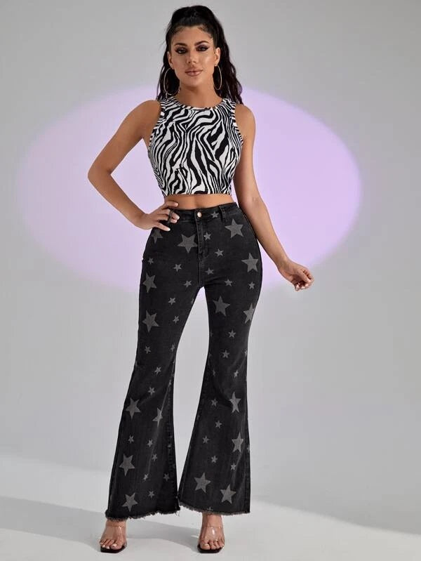 CM-BS255666 Women Casual Seoul Style Star Print Raw Hem Flare Leg Jeans - Black
