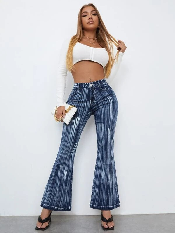 CM-BS828990 Women Casual Seoul Style High Waist Striped Print Flare Leg Jeans