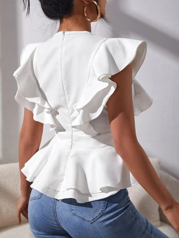 CM-TS867790 Women Casual Seoul Style Plunge Neck Ruffle Trim Zip Back Top - White