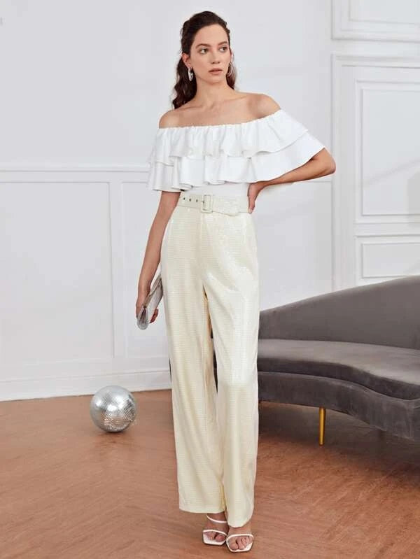 CM-TS679651 Women Casual Seoul Style Off The Shoulder Ruffle Trim Bodysuit - White