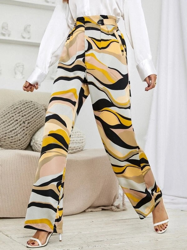 CM-BS241271 Women Casual Seoul Style Allover Print Paperbag Waist Pants